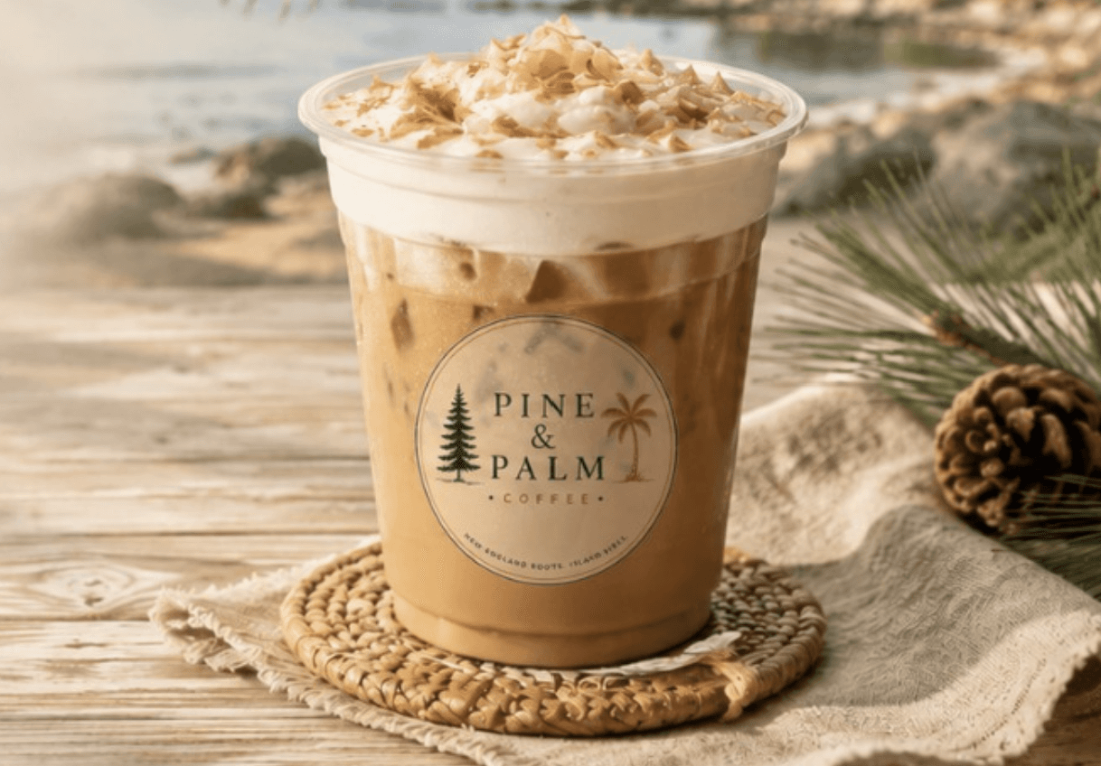Pine and Palm iced latte on a wooden table by the shore