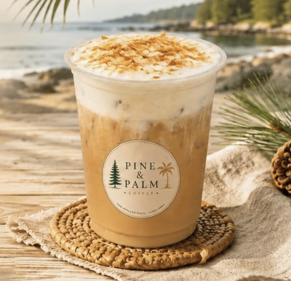Pine and Palm iced latte on a wooden table by the shore